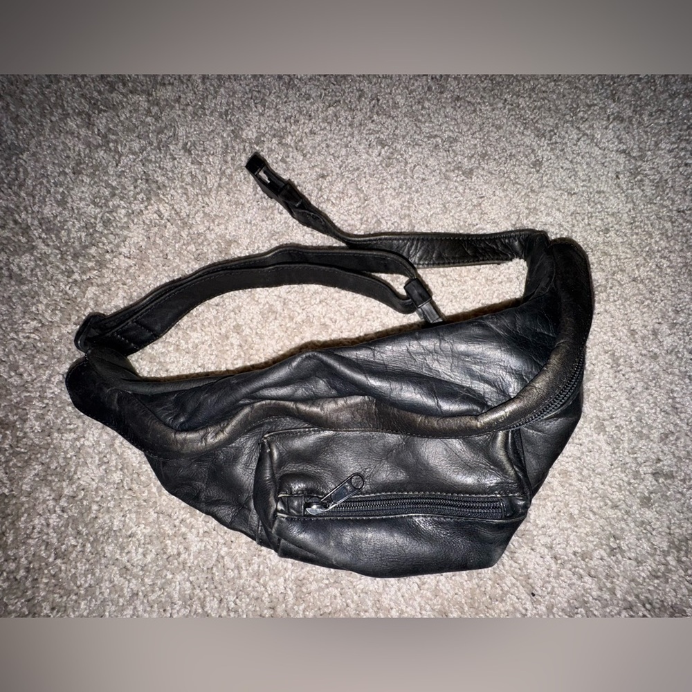 Vintage Black Leather Waist Bag - Men’s Hands-Free Belt Bag